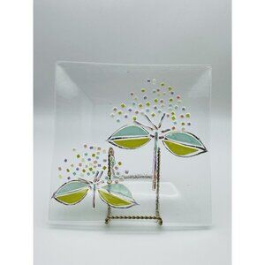 Vintage Hand Painted Mosaic Floral Square Dinner Plate Frosted Green Serve Ware